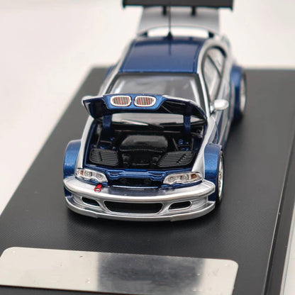 Prévente Ghost Player 1:64 E46 M3 GTR NFS Argent/Bleu Capot/Coffre Ouvrables Voiture Miniature Moulée Sous Pression Collection Limitée