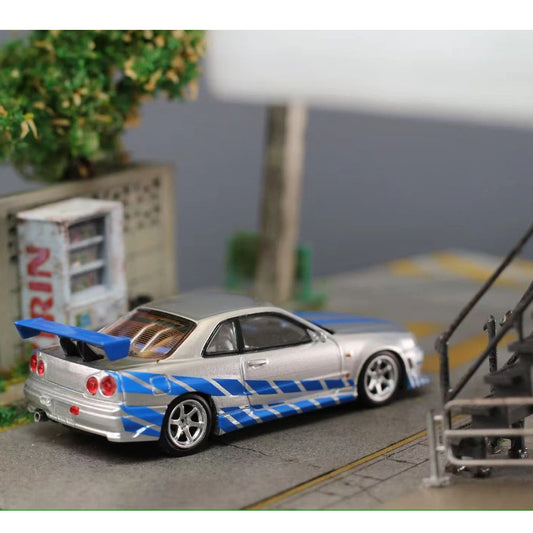 Mega Mega 1:64 GT-R R34 FNF Silver Blue Movie Version Open Hood Diecast Model Car