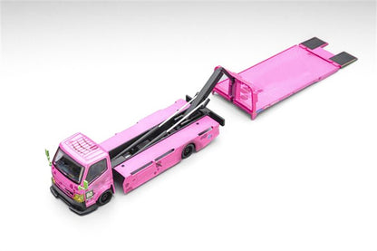 Pre-Order MEGA GEAR 1:64 Pink Green Dinosaur Custom Tow Truck Full Ground Trailer MG Alloy Model car