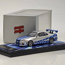 Mega Mega 1:64 GT-R R34 FNF Silver Blue Version Film Capot Ouvrant Modèle Réduit en Diecast