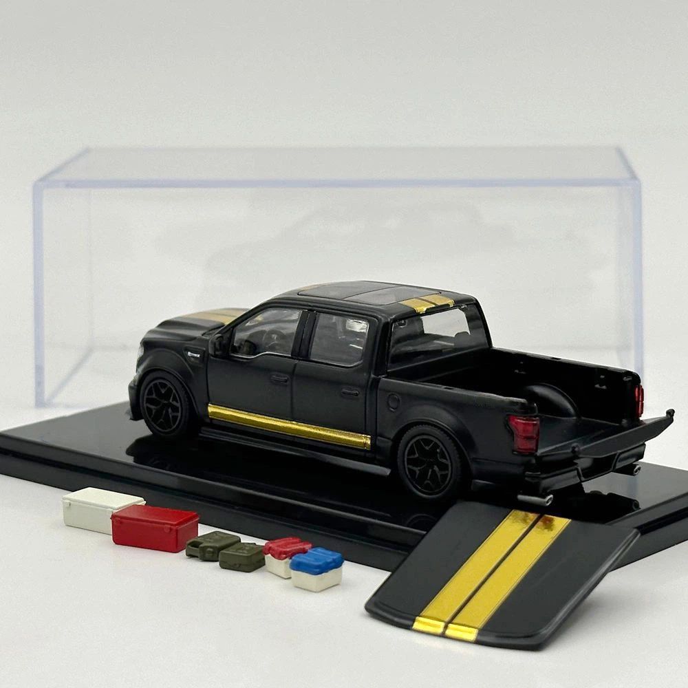 Funny Model 1/64 SHELBY F-150 Shelby Super Snake Pickup Matt Black Gold Stripes Diecast Model Car Collection