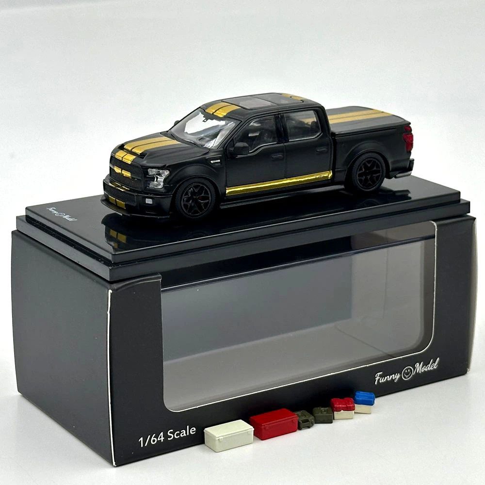 Funny Model 1/64 SHELBY F-150 Shelby Super Snake Pickup Matt Black Gold Stripes Diecast Model Car Collection