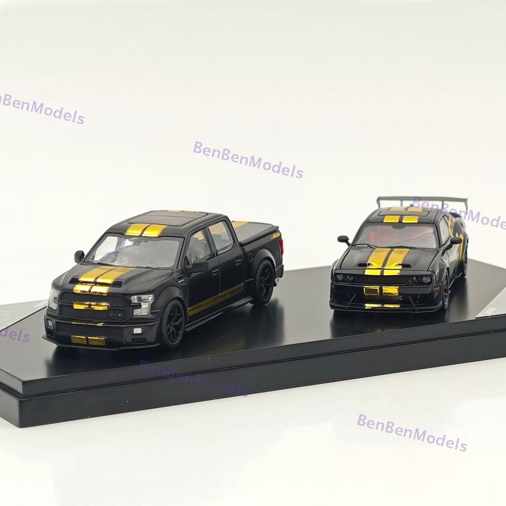 GT SHOW 1:64 Shelby F150 & Hellcat Black/Gold "American Power" livery Diecast Metal Limited Edition