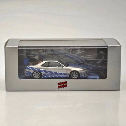 Mega Mega 1:64 GT-R R34 FNF Silver Blue Movie Version Open Hood Diecast Model Car