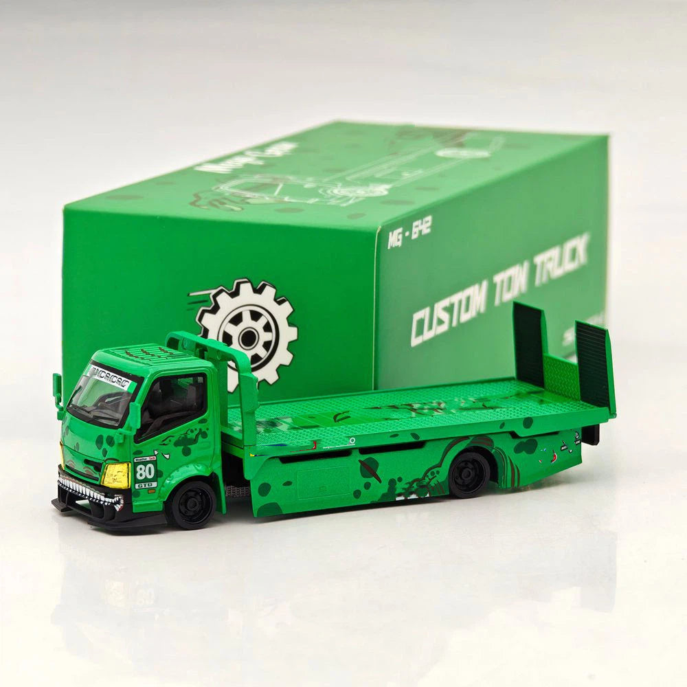 MEGA GEAR 1:64 Pink & Green Dinosaur Custom Tow Truck Full Ground Trailer Diecast Alloy Model Car Collectible