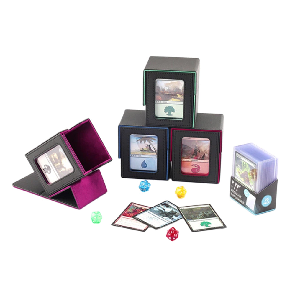 Upgraded Magnetic PU Vertical Deck Box with Front View Window for TCG CCG Sports Trading Cards