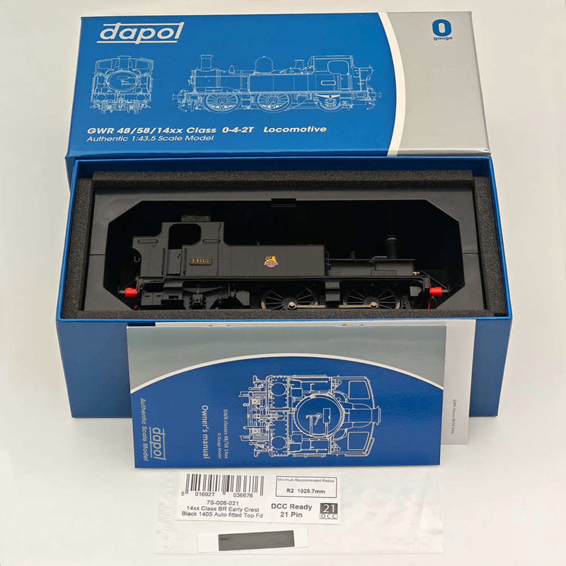 Dapol 7s-006-021 O Gauge 14xx Class BR Early Crest Black 1405 21DCC -Locomotive