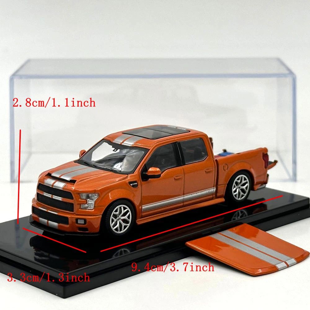 Funny Model 1/64 F150 Shelby Super Snake Pickup Truck Orange Silver Stripes Diecast Model Car with Accessories
