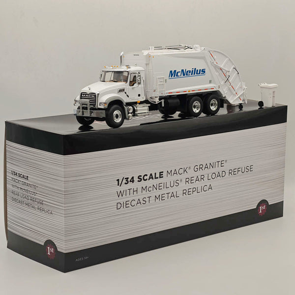FIRST GEAR 1/34 Mack Granite W/McNeilus Rear Load Refuse Body with Trash Carts White 10-4295 DIECAST Model Truct Collection