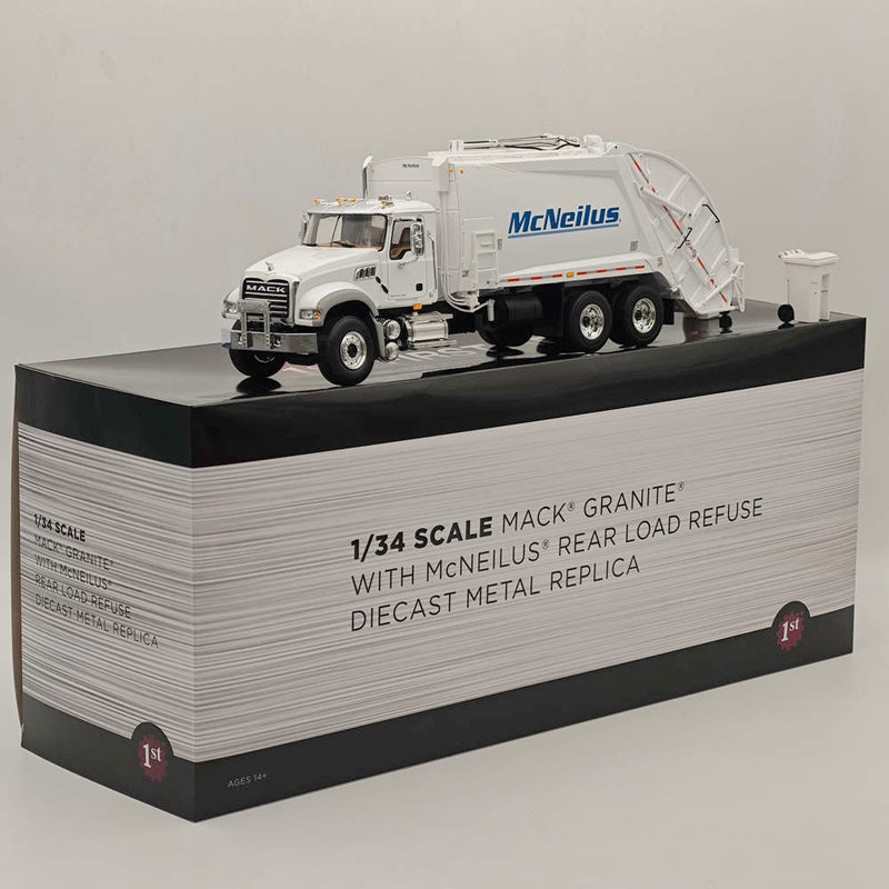 FIRST GEAR 1/34 Mack Granite W/McNeilus Rear Load Refuse Body with Trash Carts White 10-4295 DIECAST Model Truck Collection