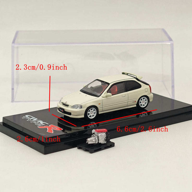 Hobby Japan 1:64 Honda CIVIC TYPE R (EK9) 1997 Championship White with Engine HJ643016AW Diecast Models Car Collection US