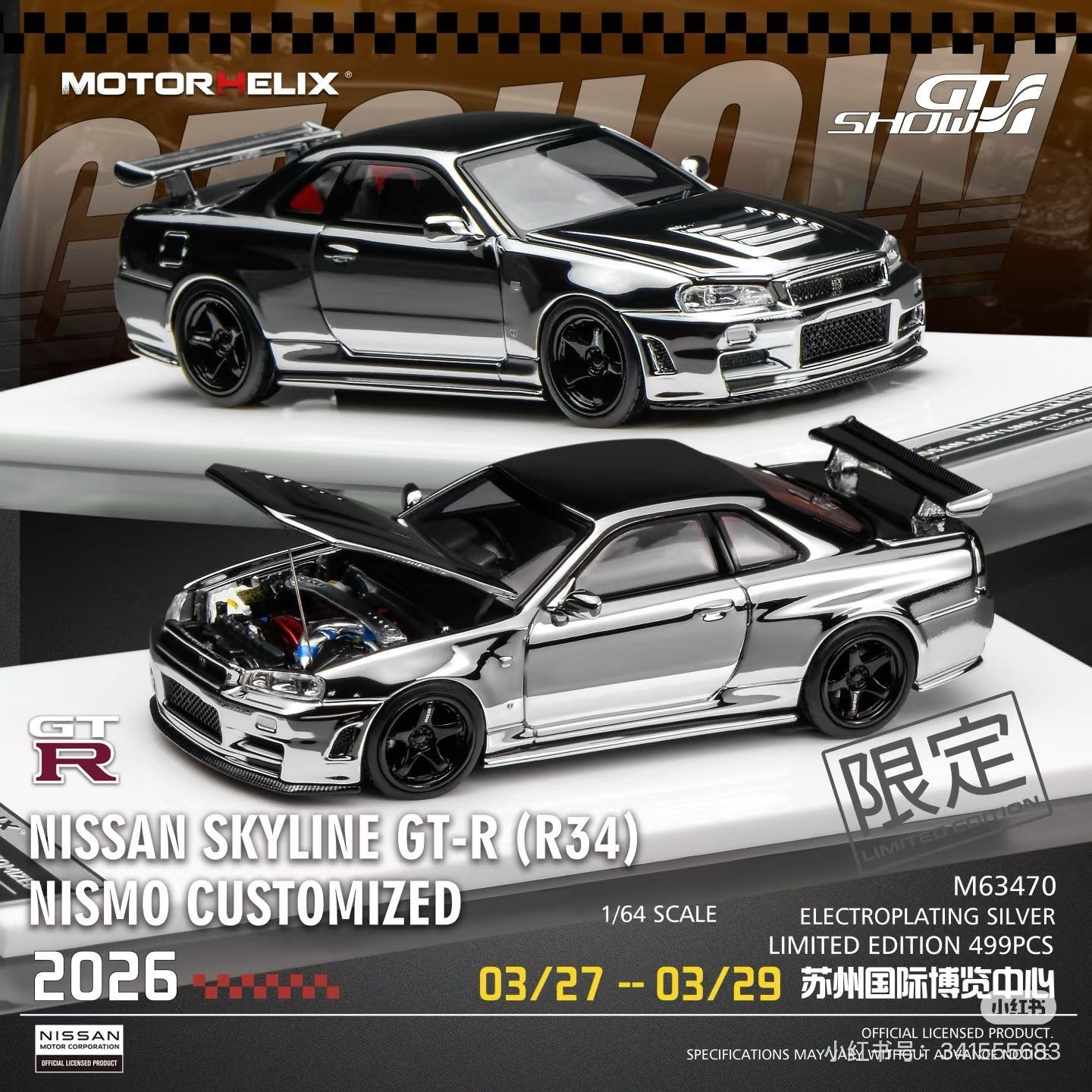 MOTORHELIX 1:64 Diecast GT Show for GT-R (R34) Custom Electroplating Silver Toys Car Model Gifts