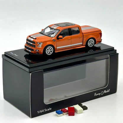 Funny Model 1/64 F150 Shelby Super Snake Pickup Truck Orange Silver Stripes Diecast Model Car with Accessories