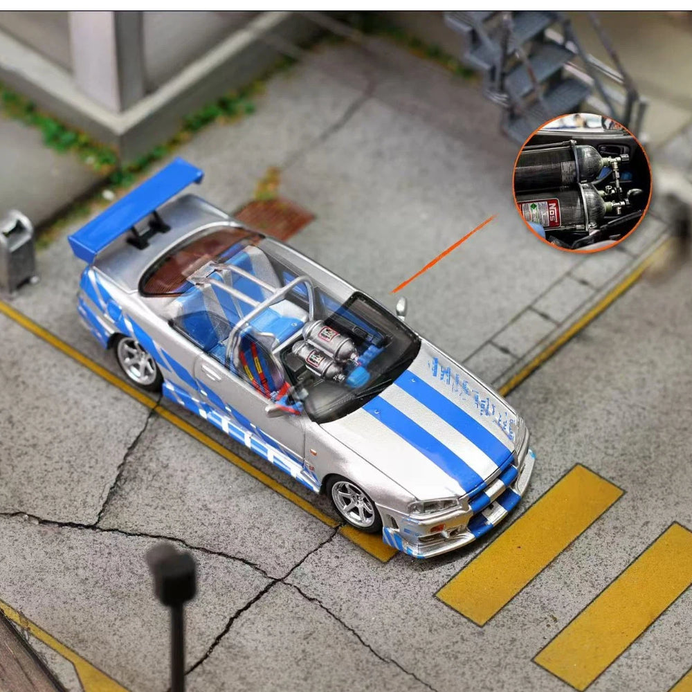 Mega Mega 1:64 GT-R R34 FNF Silver Blue Movie Version Open Hood Diecast Model Car