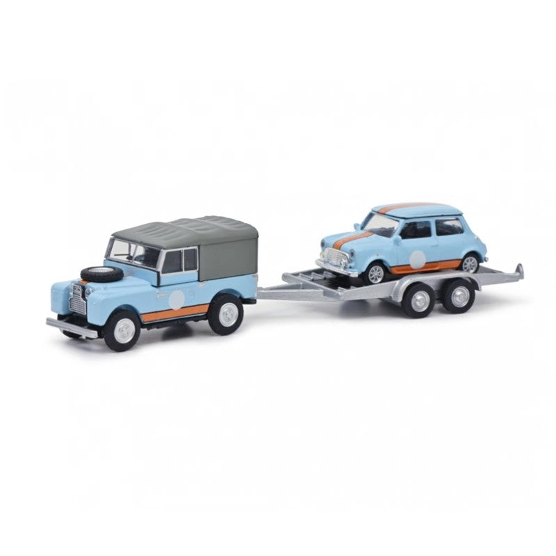 Schuco 1:87/1:64 British Racing Model for Defender + Mini Cooper Trailer