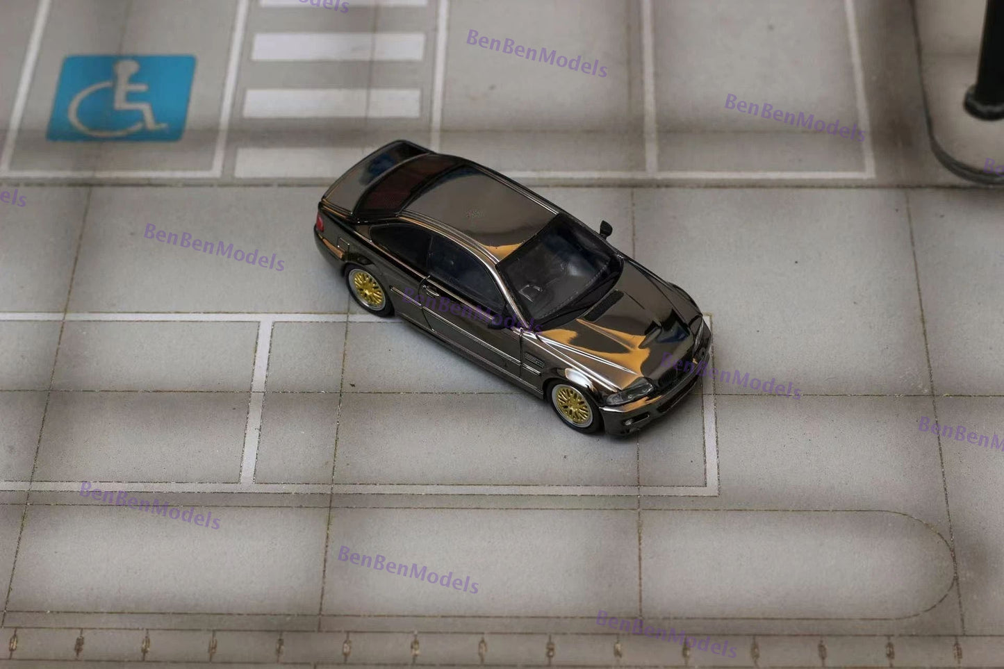 Pre-sale SH 1/64 E46 Chrome Black with BBS & Original Wheels Diecast Model Car