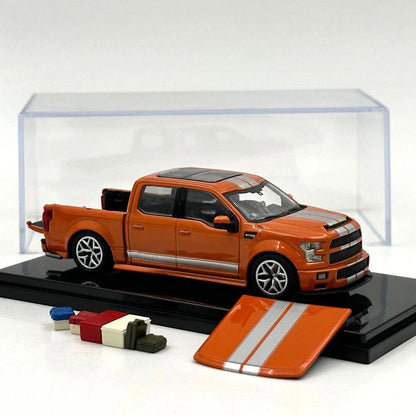 Funny Model 1/64 F150 Shelby Super Snake Pickup Truck Orange Silver Stripes Diecast Model Car with Accessories