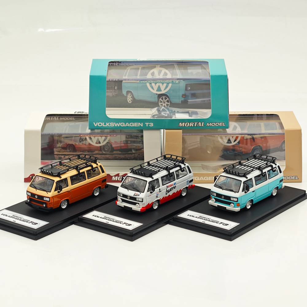 Mortal 1/64 Alloy Car Model - Lowrider Volkswagen T3, Tiffany Blue & White/Orange & Pink/Chocolate Bueno Color, 999 Units Limited, with Accessories