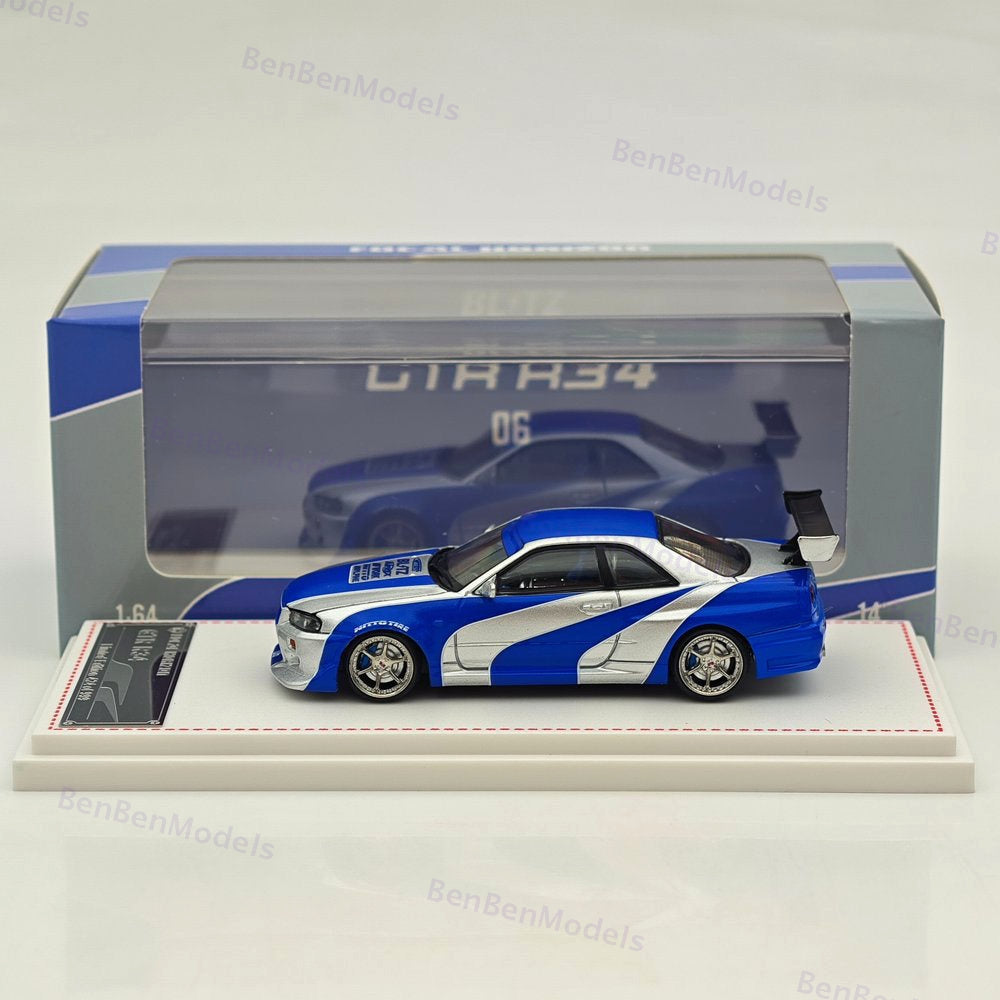 1/64 FH Nissan Skyline R34 GTR Silver Blue Diecast Model Car Limited Collection