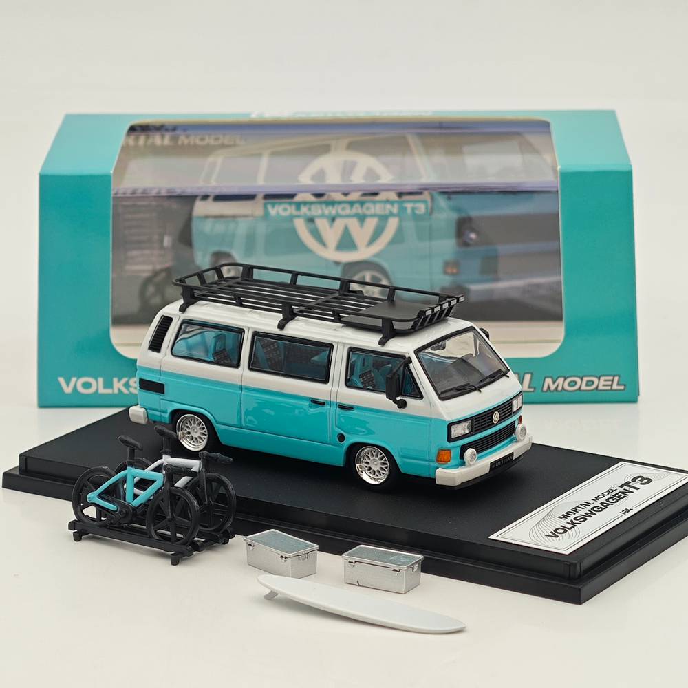 Mortal 1/64 Alloy Car Model - Lowrider Volkswagen T3, Tiffany Blue & White/Orange & Pink/Chocolate Bueno Color, 999 Units Limited, with Accessories