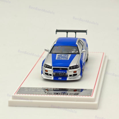 1/64 FH Nissan Skyline R34 GTR Silver Blue Diecast Model Car Limited Collection
