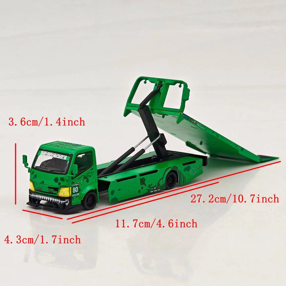 MEGA GEAR 1:64 Pink & Green Dinosaur Custom Tow Truck Full Ground Trailer Diecast Alloy Model Car Collectible
