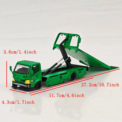 MEGA GEAR 1:64 Pink & Green Dinosaur Custom Tow Truck Full Ground Trailer Diecast Alloy Model Car Collectible