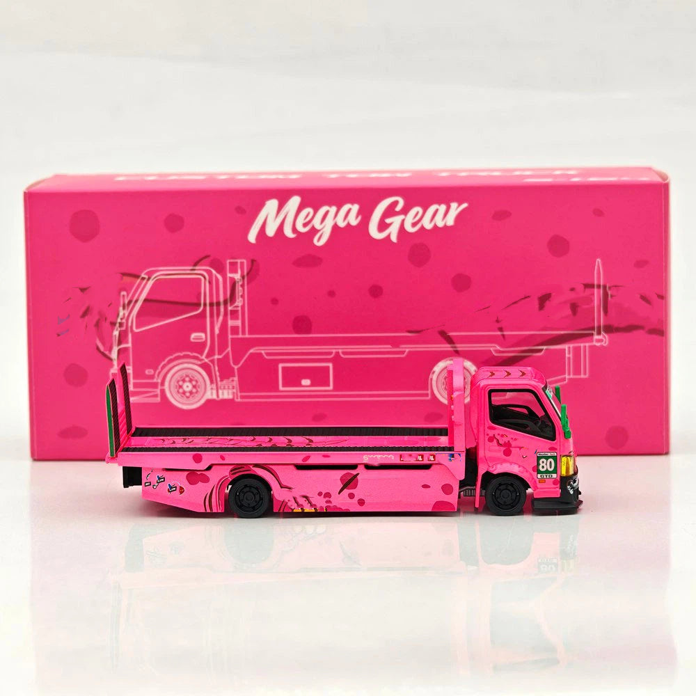 MEGA GEAR 1:64 Pink & Green Dinosaur Custom Tow Truck Full Ground Trailer Diecast Alloy Model Car Collectible