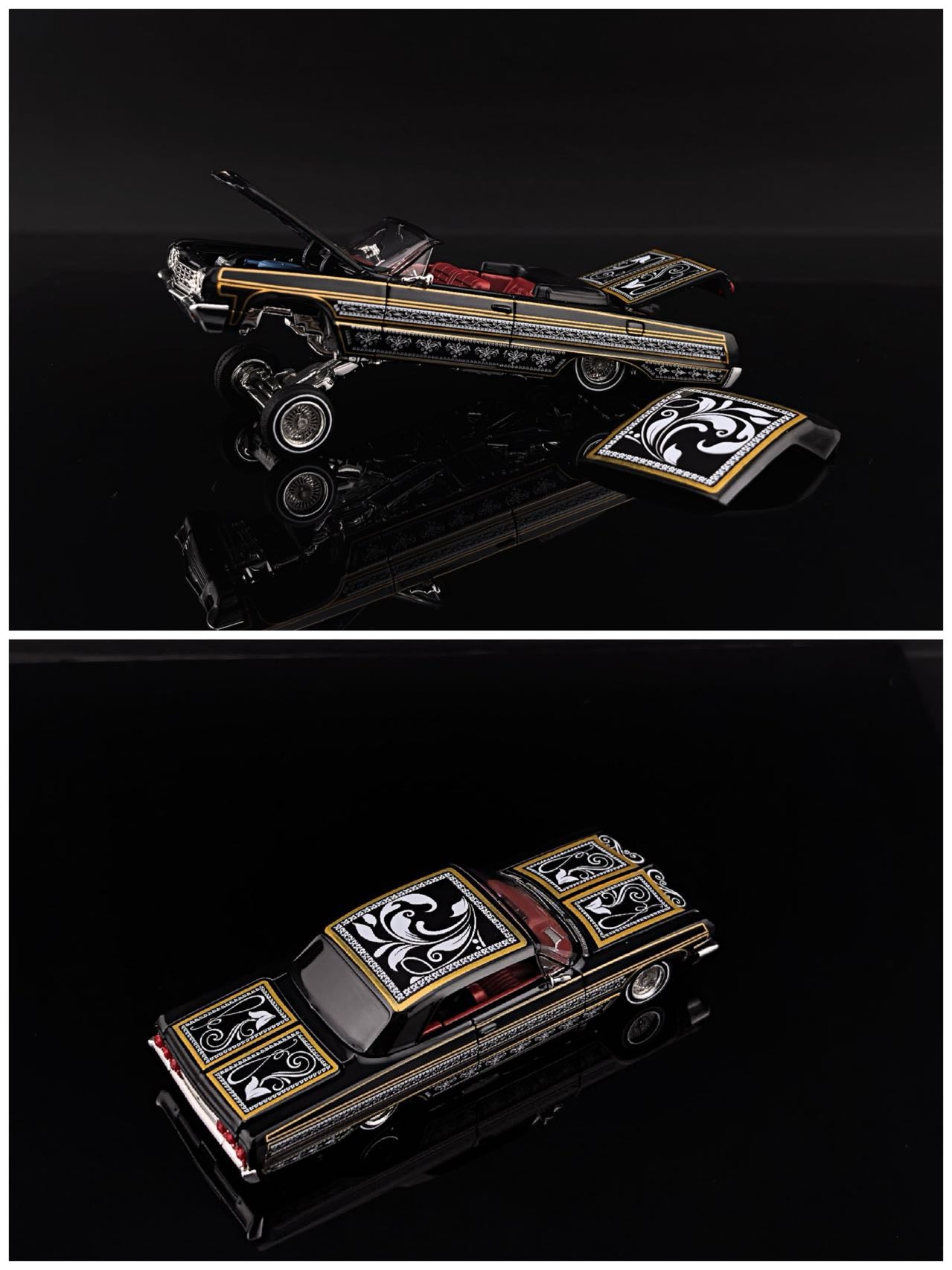 Pre-order Fine Works FW 1:64 Impala Lowrider Black Gold Openable Convertible Adjustable Chassis Diecast Alloy Car