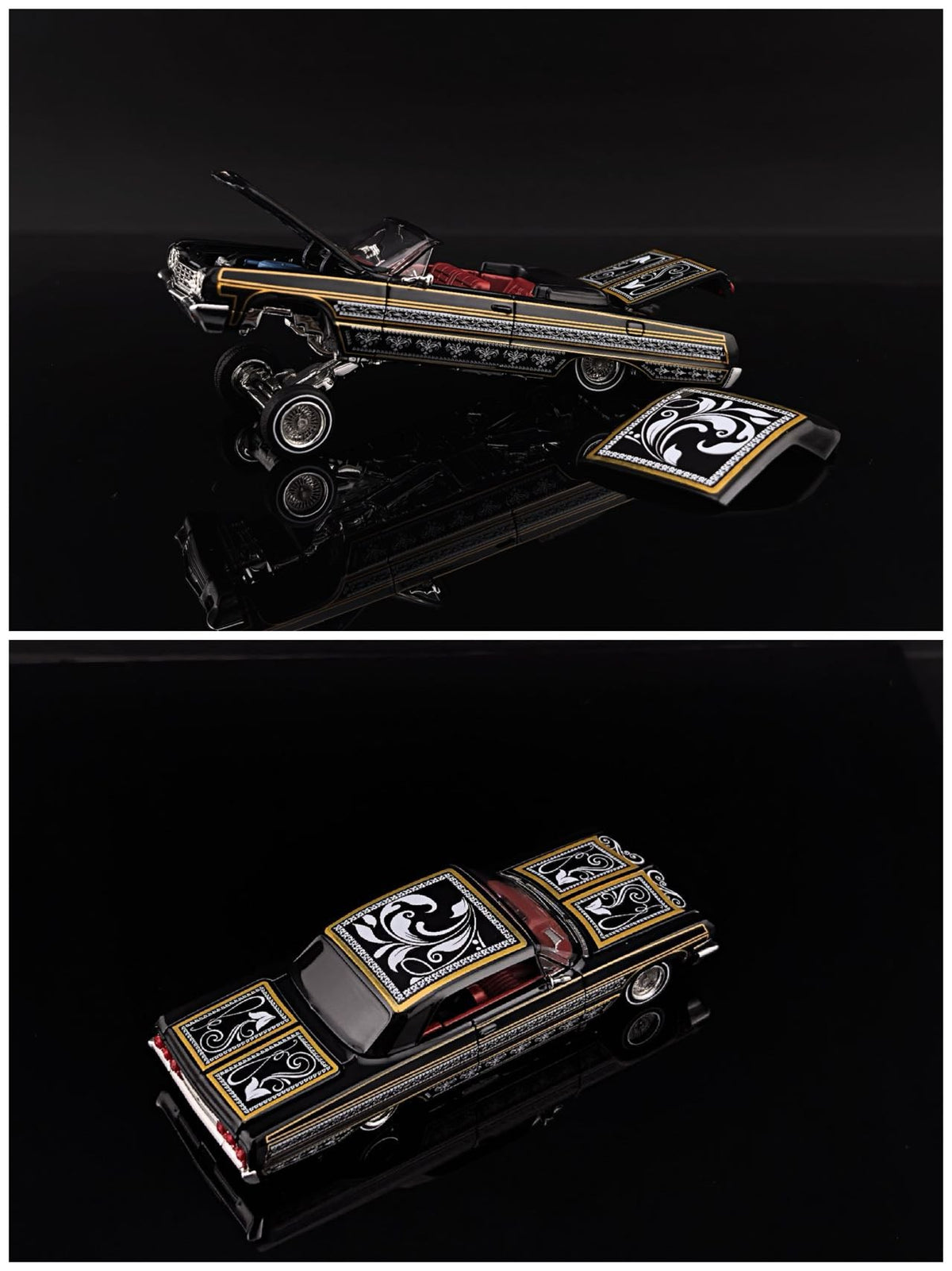 Pre-order Fine Works FW 1:64 Impala Lowrider Black Gold Openable Convertible Adjustable Chassis Diecast Alloy Car