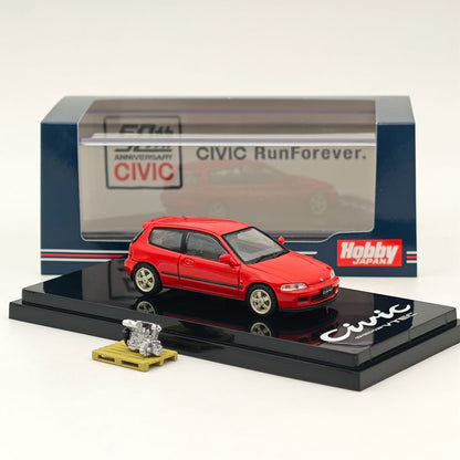 Hobby Japan 1/64 Honda CIVIC (EG6) Sir-S With Engine Display Model Milano Red HJ641017SR Diecast Models Car Collection