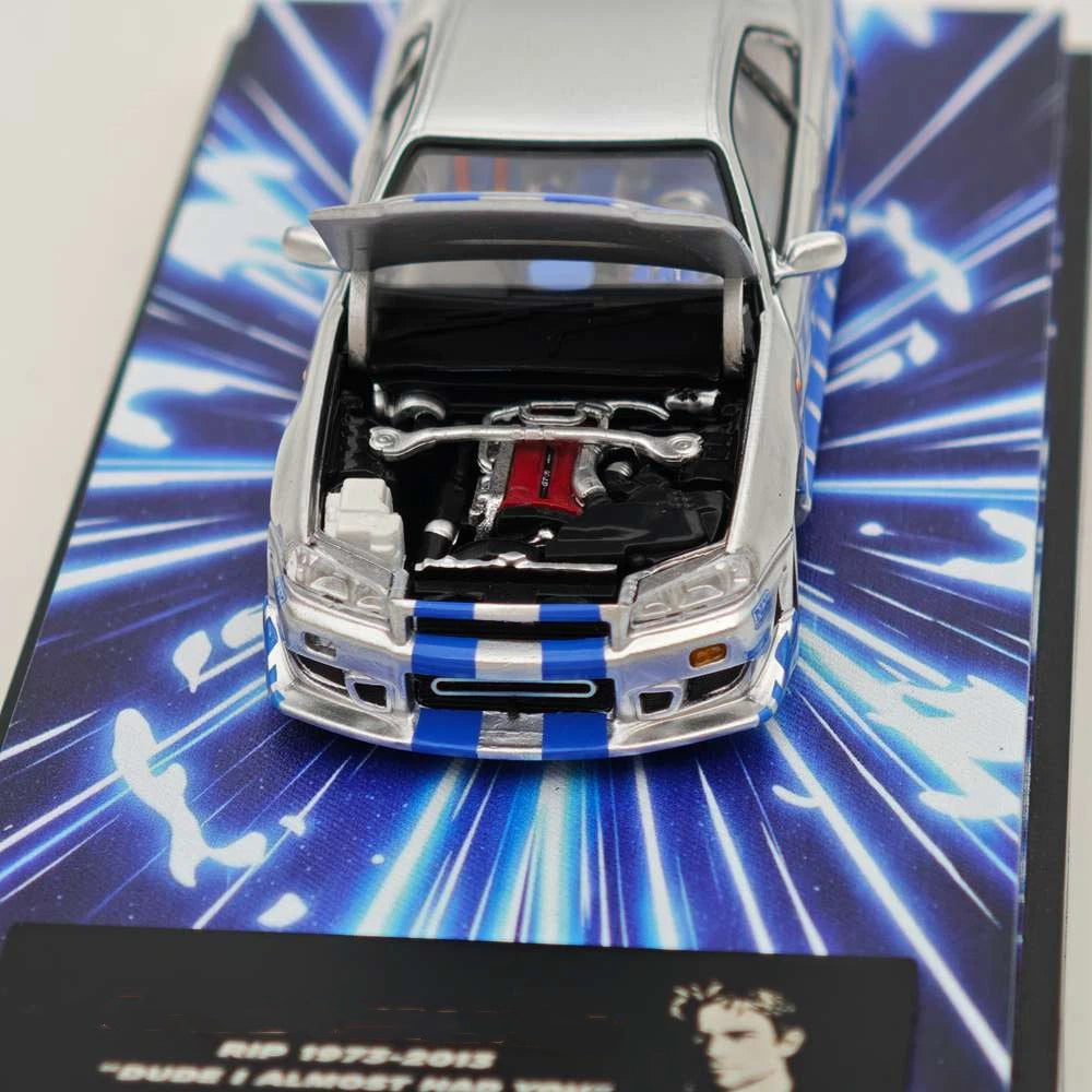 Mega Mega 1:64 GT-R R34 FNF Silver Blue Movie Version Open Hood Diecast Model Car