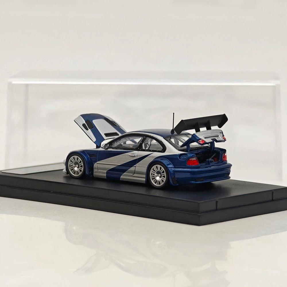 Prévente Ghost Player 1:64 E46 M3 GTR NFS Argent/Bleu Capot/Coffre Ouvrables Voiture Miniature Moulée Sous Pression Collection Limitée