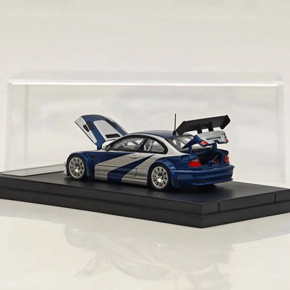 Prévente Ghost Player 1:64 E46 M3 GTR NFS Argent/Bleu Capot/Coffre Ouvrables Voiture Miniature Moulée Sous Pression Collection Limitée