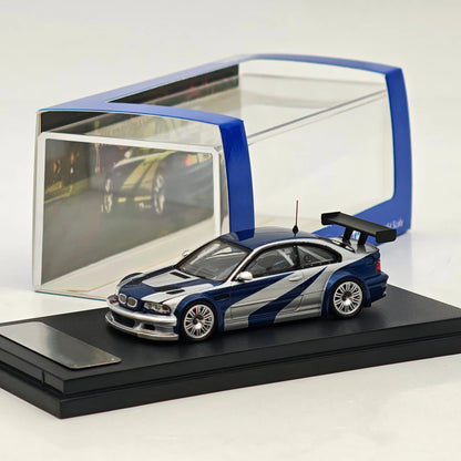 Prévente Ghost Player 1:64 E46 M3 GTR NFS Argent/Bleu Capot/Coffre Ouvrables Voiture Miniature Moulée Sous Pression Collection Limitée
