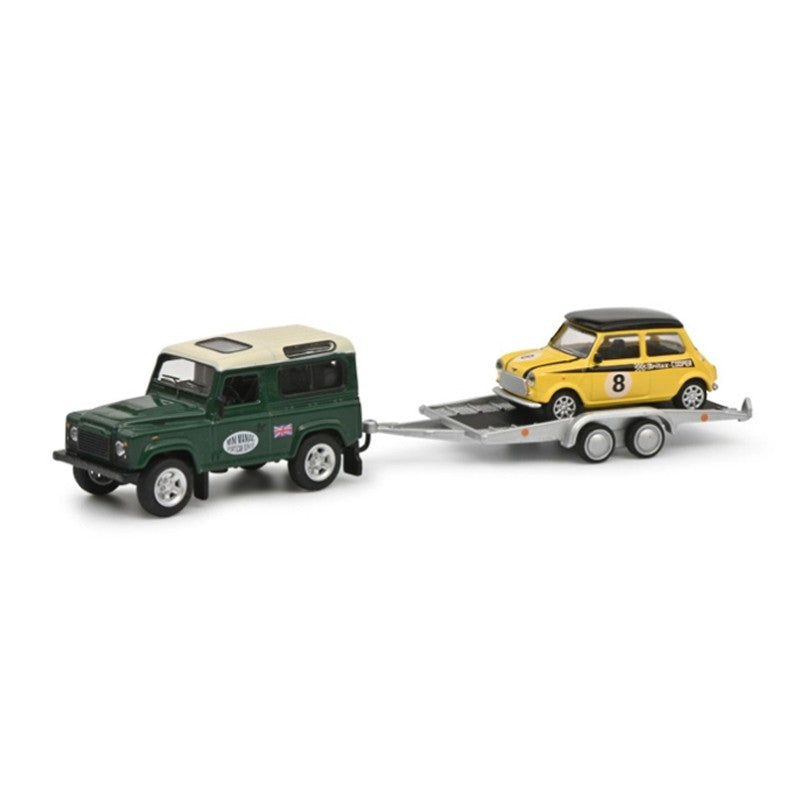 Schuco 1:87/1:64 British Racing Model for Defender + Mini Cooper Trailer