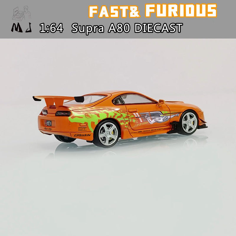 Pre-sale MJ 1:64 Toyota Supra A80 Customized The Fast and the Furious Diecast Toys Car Models Miniature Hobby Collection Gifts Orange