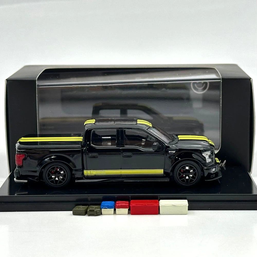 Funny Model 1/64 SHELBY F-150 Shelby Super Snake Pickup Black Yellow Stripes Diecast Model Car Collection