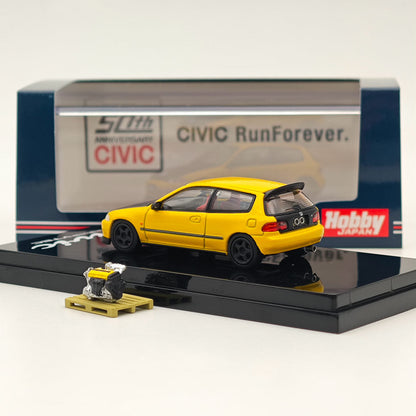 Hobby Japan 1/64 Honda CIVIC (EG6) JDM Style Customized Version With Engine Display Model Yellow HJ642017AY Diecast Models Car Collection In Stock - US