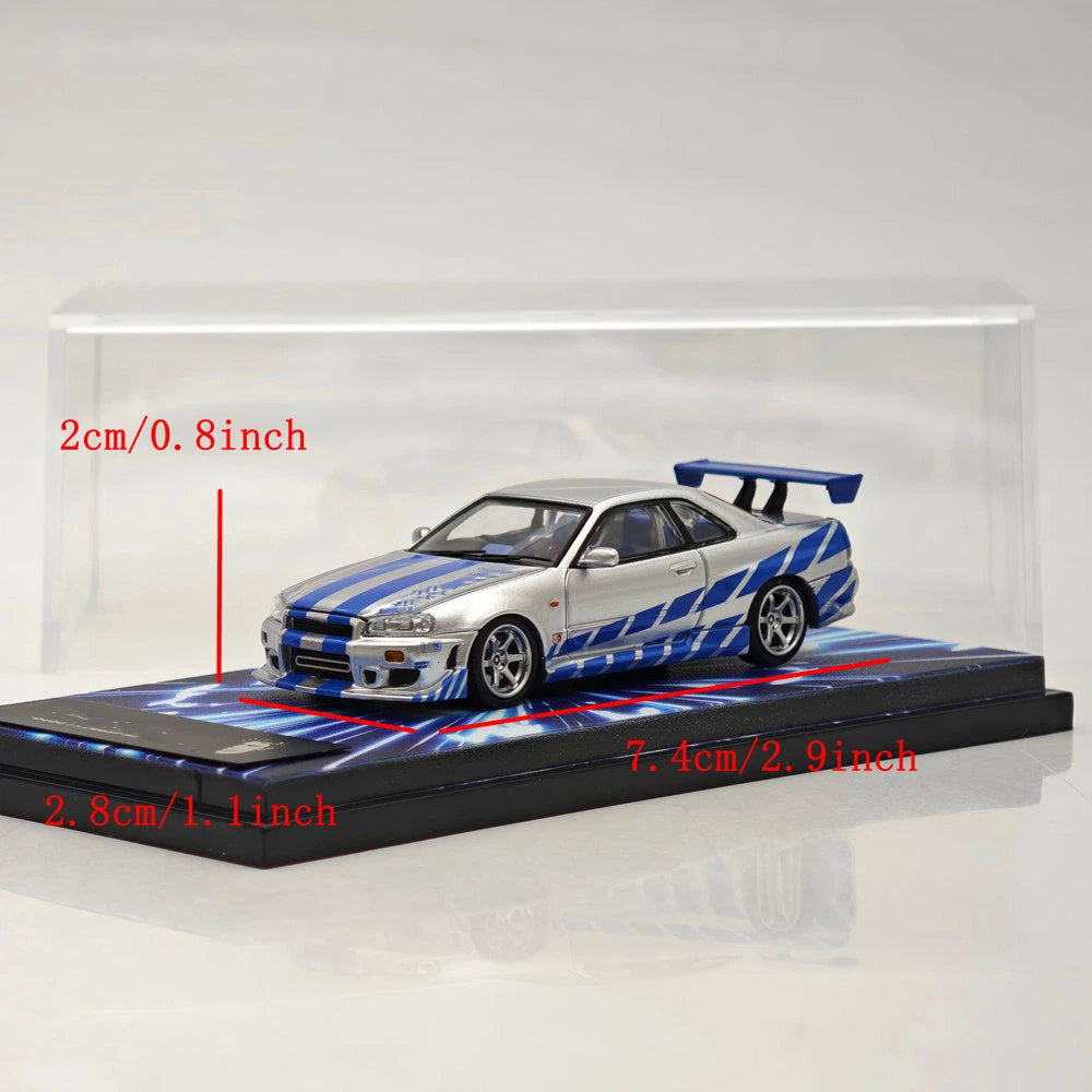 Mega Mega 1:64 GT-R R34 FNF Silver Blue Movie Version Open Hood Diecast Model Car