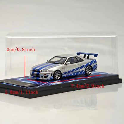 Mega Mega 1:64 GT-R R34 FNF Silver Blue Movie Version Open Hood Diecast Model Car