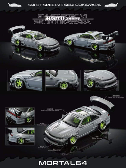 MORTAL 1:64 Nissan Silvia S14 GT-SPEC V1 SEIJI OOKAWARA Gray Diecast Car Model Miniature Vehicle Hobby Collectible Desktop Decoration Gift