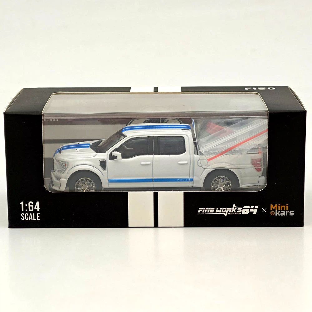 Fine Works64 x Mini Kars 1/64 F-150 Carroll Shelby Pickup Sport Truck Model Pearl White Stripe Diecast Model Car Collection - with Accessories