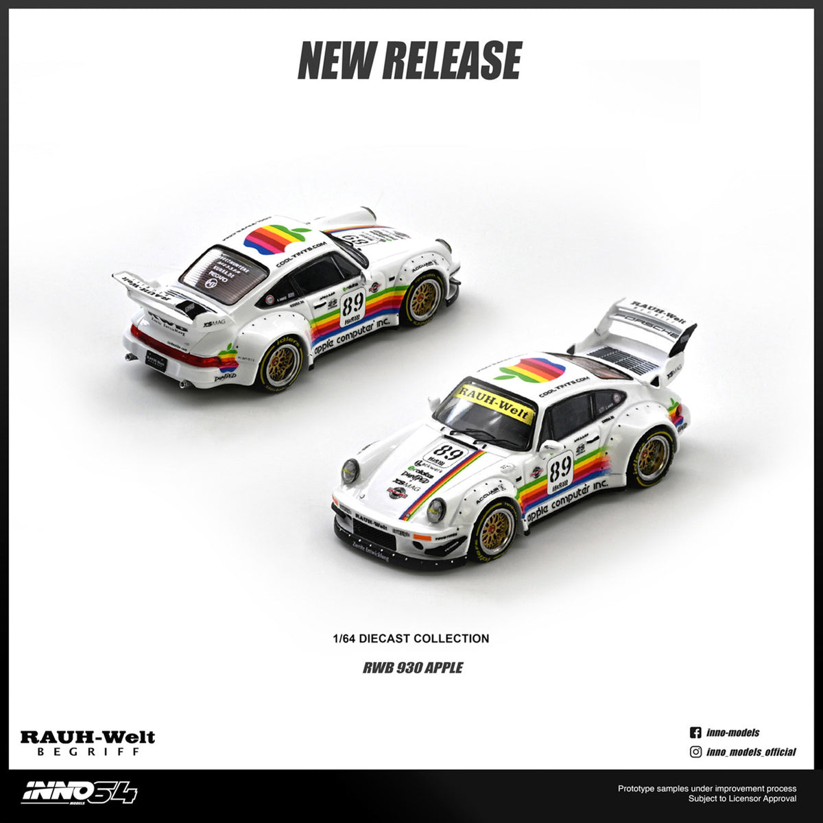 INNO 1:64 RWB 930 #89 White Apple Livery Wide-body Modification Alloy Model Car
