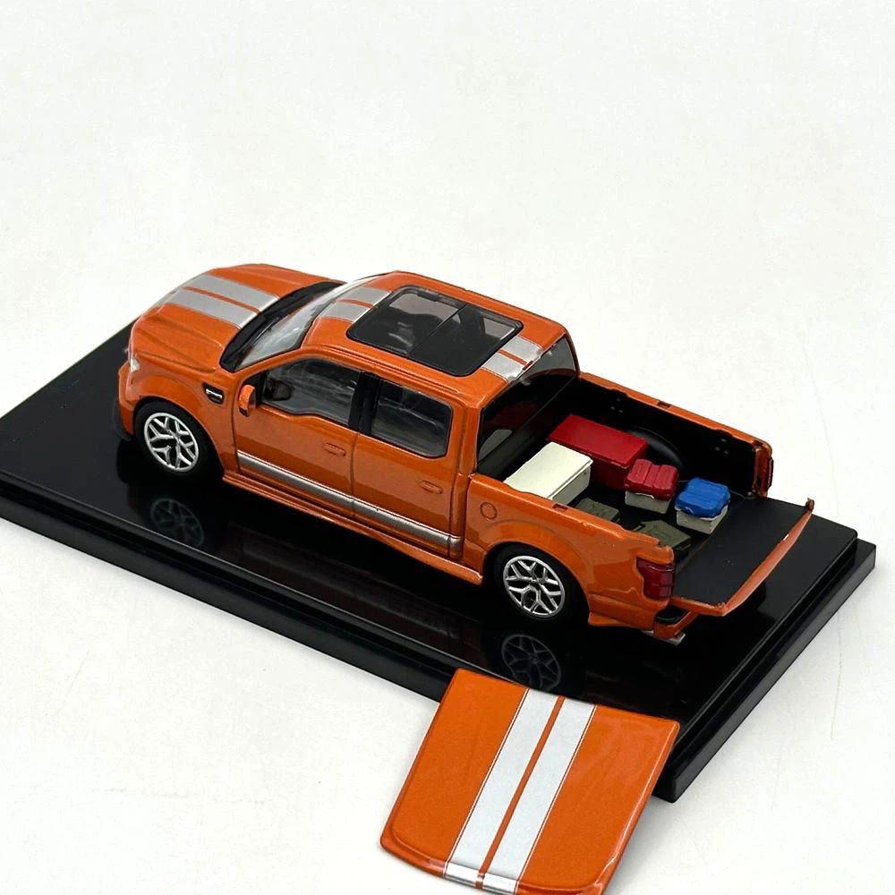 Funny Model 1/64 F150 Shelby Super Snake Pickup Truck Orange Silver Stripes Diecast Model Car with Accessories