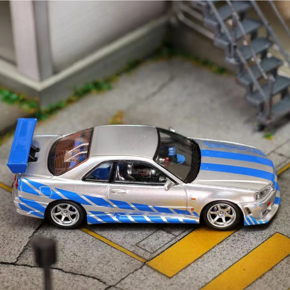 Mega Mega 1:64 GT-R R34 FNF Silver Blue Movie Version Open Hood Diecast Model Car