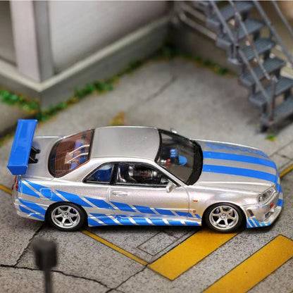 Mega Mega 1:64 GT-R R34 FNF Silver Blue Movie Version Open Hood Diecast Model Car