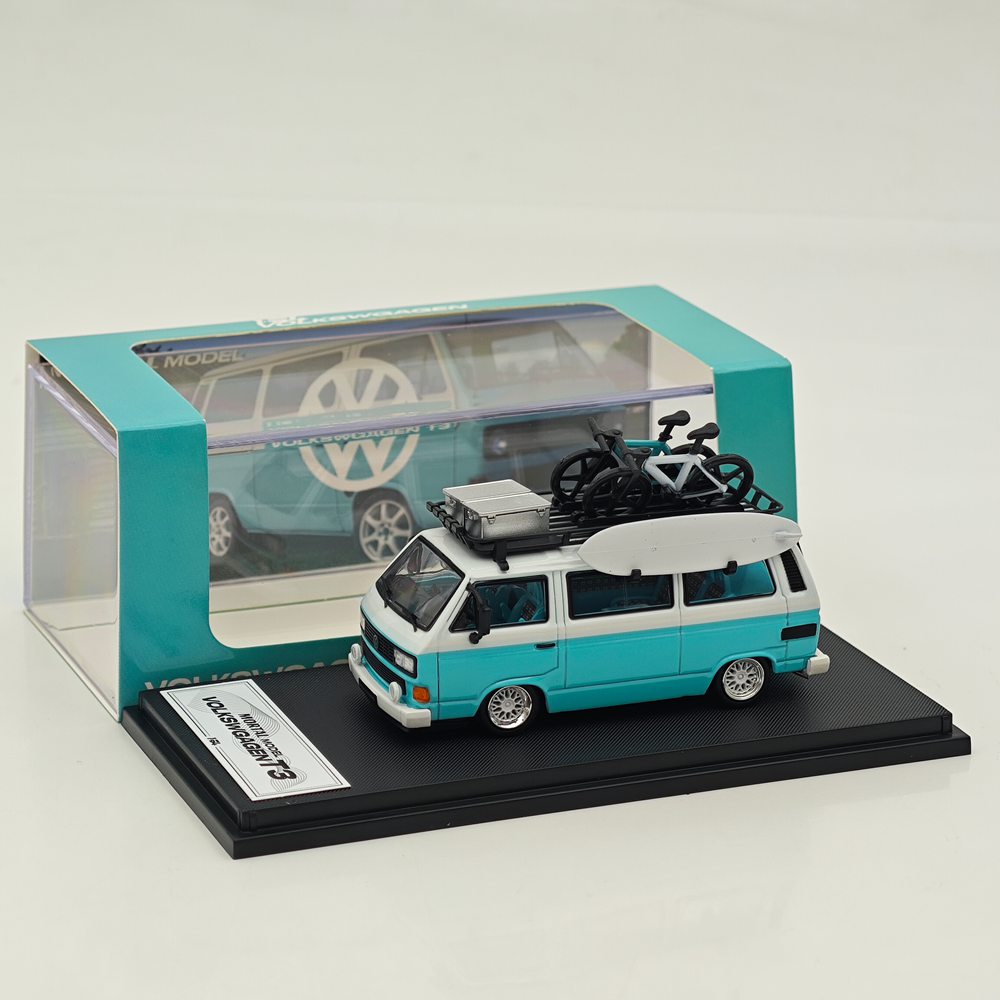 Mortal 1/64 Alloy Car Model - Lowrider Volkswagen T3, Tiffany Blue & White/Orange & Pink/Chocolate Bueno Color, 999 Units Limited, with Accessories