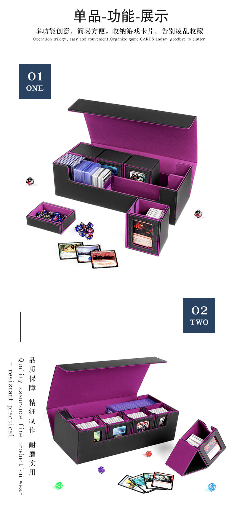 Large PU Leather TCG Deck Box Magnetic Closure, Removable Dice Tray & Card Slots