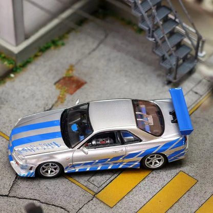 Mega Mega 1:64 GT-R R34 FNF Silver Blue Movie Version Open Hood Diecast Model Car